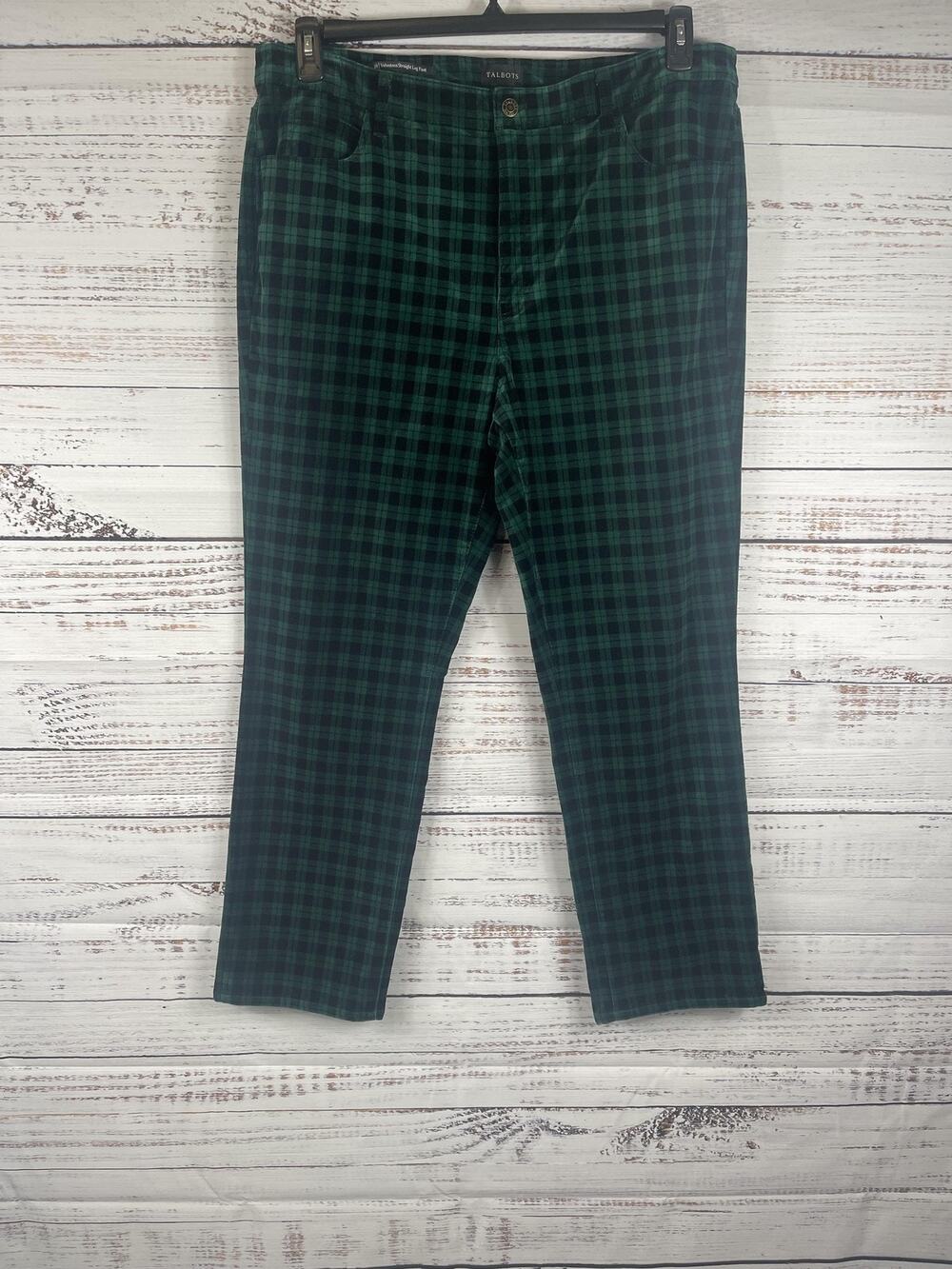 Talbots Pants Womens SZ 18 Green Plaid Velveteen Straight Leg Stretch Dress Work